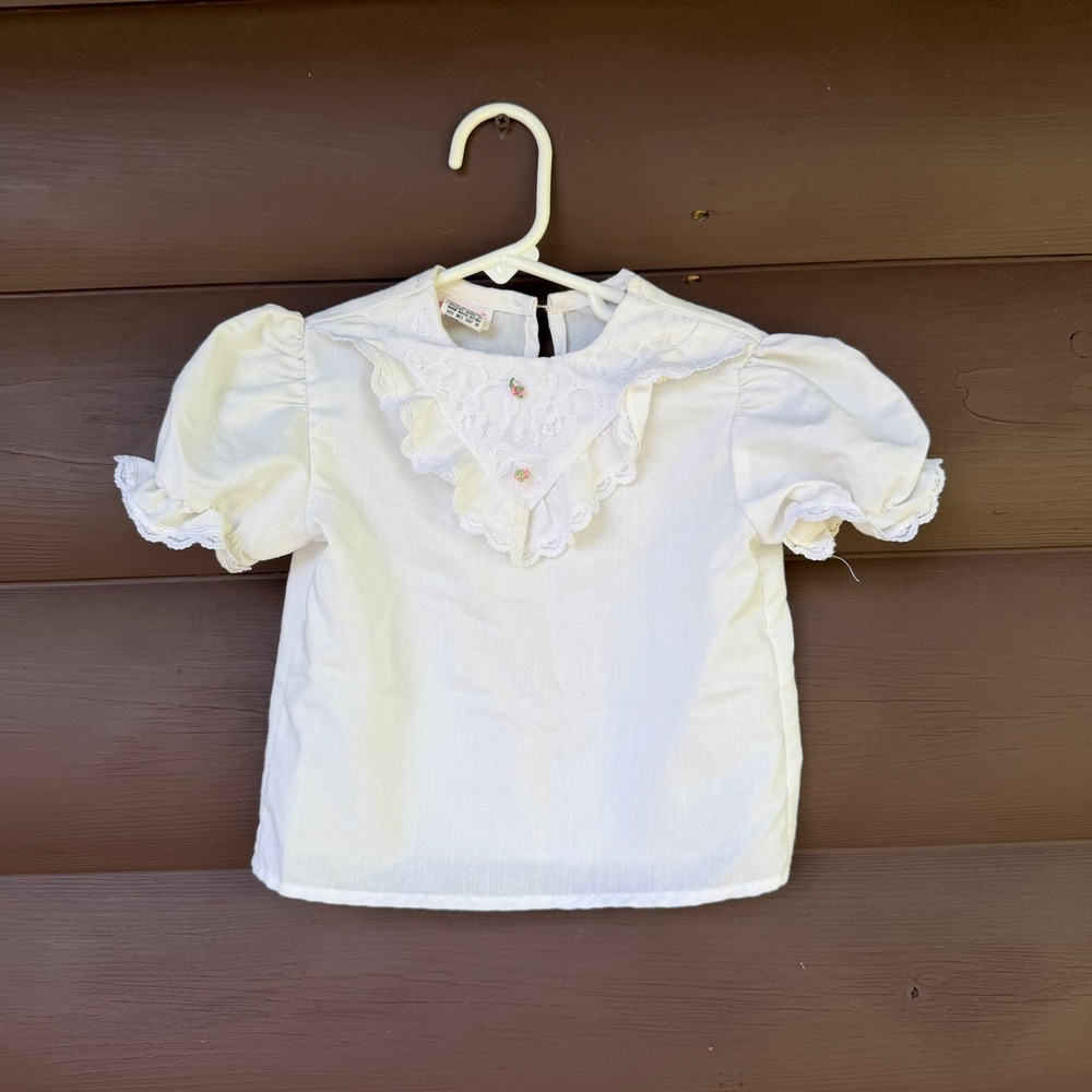 Sweet Treats Lace Bib Blouse Toddler Girls 3T White Vintage Puffy Sleeve